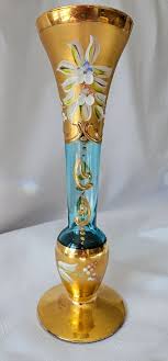 Bohemian Glass Aqua Blue Vase Gold Gilding And Applied Flowers | eBay