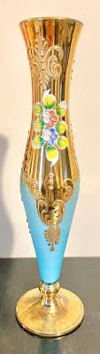 VINTAGE MURANO VASE | Salvadori Tre Fuochi | Vintage Blue Glass Vase | 24k Gold Leaf | Enamel Flowers | Glass of Venice 25.5cm - Etsy Australia