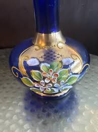 Vintage Bohemian Glass Cobalt Blue Vase Hand Painted Flowers Gold Trim Japan 6" | eBay