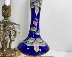 Vintage Blue Bohemian Glass Vase, Vtg Hand Painted Blown Glass Blue Narrow Vase, Cobalt Blue Bohemian Glass Fluted Hand Painted Floral Vase - Etsy