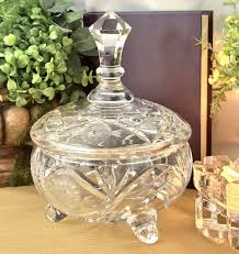 Crystal Candy Dish Lidded Footed Thick Glass Hand Cut ...