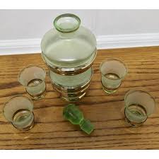 Green and Gold Glass Sherry Decanter and Glasses, 1950s, Set ...