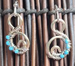 Handmade silver tone dangle earrings with beads and wrapped ...