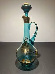Wine Decanter Bohemian Glass Hungarian Teal Gold Leaf Vintage | eBay