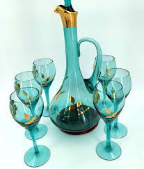 Vintage Aqua Teal Glass Wine Decanter + 6 Glasses Retro 24K Gold hand blown | Dboba