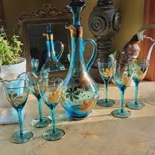 Mid Century Hand Blown Decanter and Glasses; Made in Hungary; Aqua Blue With Gold Accents - Etsy