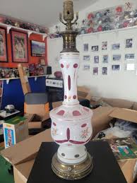 Antique BOHEMIAN GLASS LAMP Hand painted, White cut to Cranberry Glass Lamp | eBay