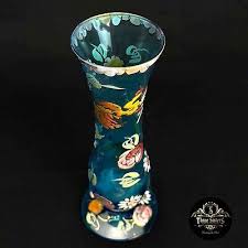 Royo Spain Blue Blown Art Glass Enameled Hand Painted Birds Floral Bud vase MCM | eBay