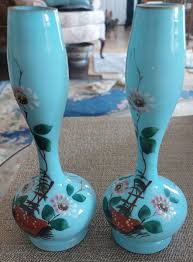 PAIR ANTIQUE BLUE OPLINE UNUSUAL SHAPED BRISTOL GLASS VASES HAND PAINTED | eBay