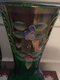 VTG Bohemian Emerald Green Art Glass Vase with Hand Painted ...