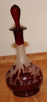 Antique Bohemian Ruby Red Hand Blown Etched Glass Decanter ...
