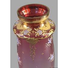 Victorian Moser Bohemian Cranberry Glass Hand Painted Enameled Flowers Gilded Vase | Chairish