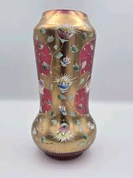 Bohemian Glass Gilt Pink Cranberry Ruby Enamel Flowers 10.25” H | eBay