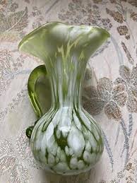 Vtg Pair 2 Bohemian Green Splatter Glass Fluted Vase Pitcher ...