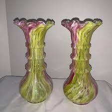 Pair of Fenton(?) Wheat Pattern End of Day 8 1/2” Vases Pink ...