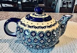 Handmade in Poland Small 4.5” Tall Blue/Yellow Teapot & Lid ...