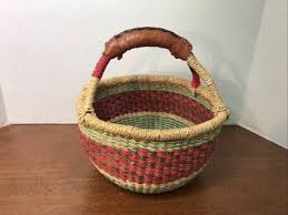 Bolga Market Basket~ Hand Woven~Multicolor With Leather ...