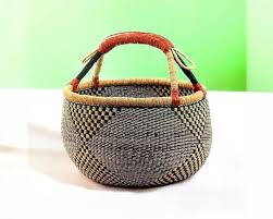 Handwoven Bolga Market Basket: Ghana Elephant Grass, Leather ...