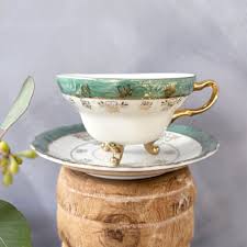 Vintage Green and Gold Trimmed Footed Cup and Saucer Set ...