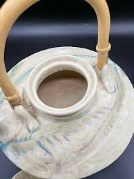 Vnt Unique Clay Hand Made Teapot Bamboo Handle Cream Blue And Purple Signed | eBay