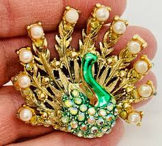Vintage Brooch - Gold Tone & Rhinestone & Pearly Peacock Pin ...