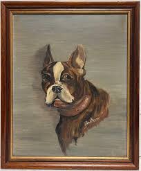 French School - Antique French Signed Oil Painting Portrait of a Boston Terrier Dog For Sale at 1stDibs