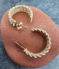 14k .585 Yellow Gold Rope Twist 3 Row 3/4" Hoop Post Earrings Au 24101 | eBay