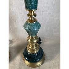 Mid Century Green Marble & Brass Lamps - a Pair | Chairish