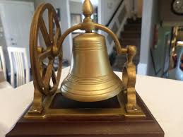 Vtg Antique SHIP'S BRASS BELL WHEEL PULLEY Wood Base Nautical~EVC~desk or pole m | #1756060240