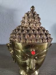 Brass Buddha Head Sculpture with Red Third Eye from Nepal ...