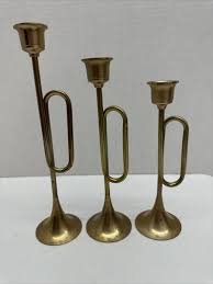 Vtg Lot 3 Brass Graduated Bugle Horn Candlesticks Candle ...