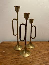 Set of Three Brass Horn Candle Holders , Vintage Brass ...