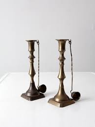 antique brass candlestick holders pair with hanging snuffers ...