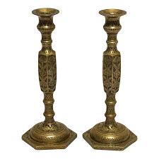 Early European 19th. C. Hand Engraved Cast Brass / Bronze Ornate Candlesticks, a Pair | Chairish