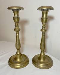 rare pair primitive antique 18th century turned brass candlestick candle holder. | eBay