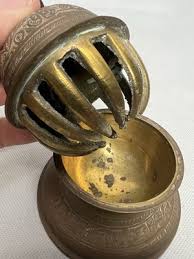 Solid Brass TEMPLE CLAW BELL w/STAND, engraved floral design, INDIA | eBay