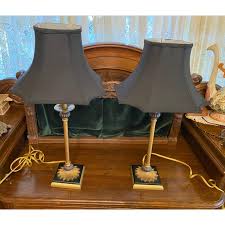 2000's Black and Gold Starburst It Medallion Staggered Height Table or Buffet Pencil Lamps - Set of 2 | Chairish