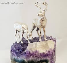 Sterling Silver Deer - Doe and Stag Sculpture on Amethyst and Quartz Geode - Etsy