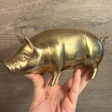 Vintage Mid Century Heavy Solid Brass Porker Pig Statue ...