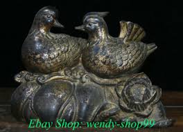 9" Marked Old Chinese Red Copper Gilt Feng Shui Mandarin Duck Lotus Sculpture | eBay