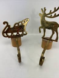 Set Of Brass Long Arm Reindeer & Sleigh Mantle Shelf ...