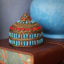 Brass Cloissoné Trinket Box with Glass Turquoise & Glass ...