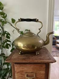 vintage brass tea kettle, Black Wood Handle, Ornate , footed ...