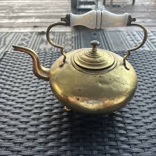 Vintage Brass Tea Pot 8” White Glass Handle Brass Feet ...