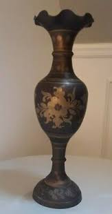 Antique Brass Vase with Ornate Inlay Etched Birds Flowers Design 16" Tall! | eBay