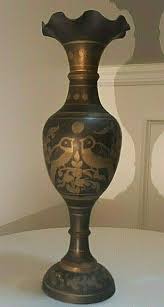 Antique Brass Vase with Ornate Inlay Etched Birds Flowers Design 16" Tall! | eBay Australia