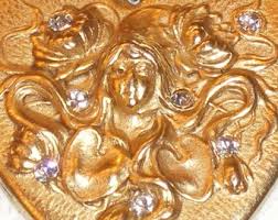 Stunning Vintage Art Nouveau Gold Heart Shaped Pin/brooch W/womens Faces & Rhinestones 3 1/8" Tall - Etsy