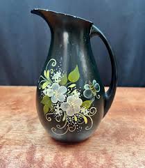Vintage Handpainted Floral Black Pitcher Puralum Aluminum ...