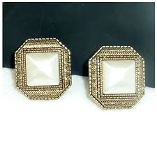1990's Square Gold Toned Clip On Earrings with Faux Pearl ...