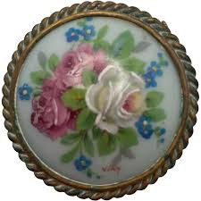 Viny Limoges Round Hand Painted Porcelain Floral Brooch ...